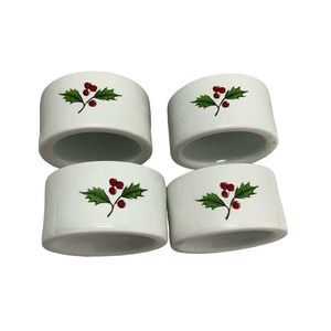 Vintage Christmas Napkin Ring‎ Set (4) Holly Red Berry Porcelain Japan W/Box